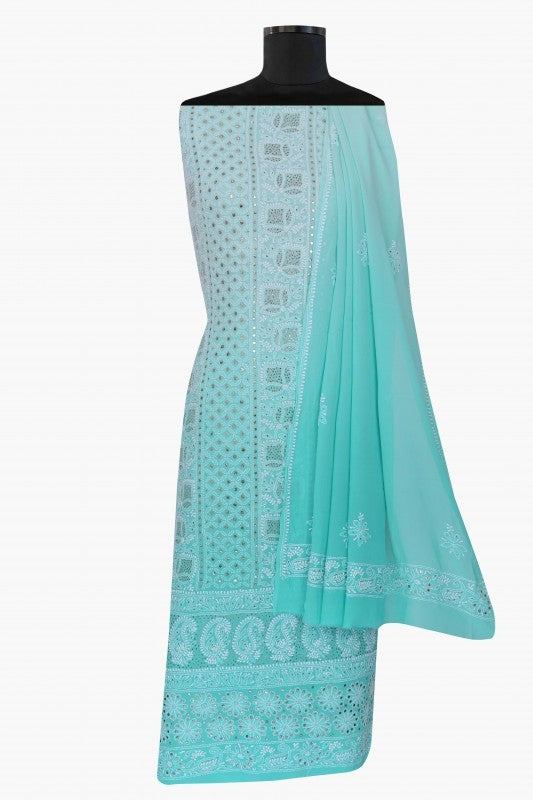Ada Hand Embroidered Mint Green Georgette Lucknowi Chikankari Unstitched Suit Piece With Muqaish Work – A532943