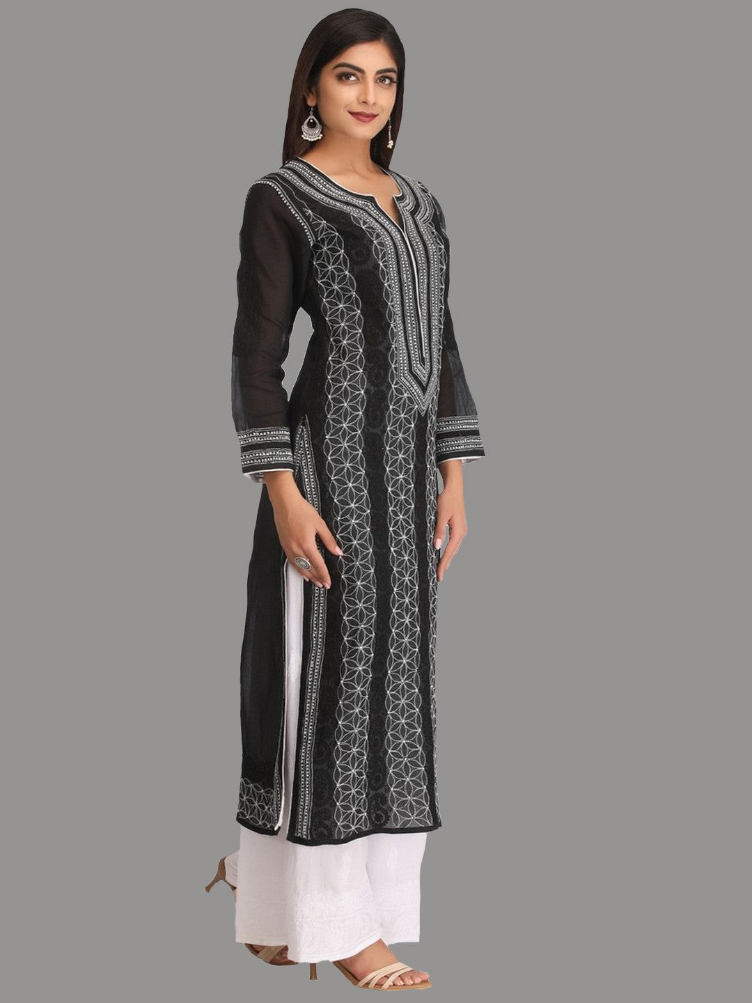 Ada Hand Embroidered Black Cotton Lucknowi Chikankari Straight  Kurta A247326