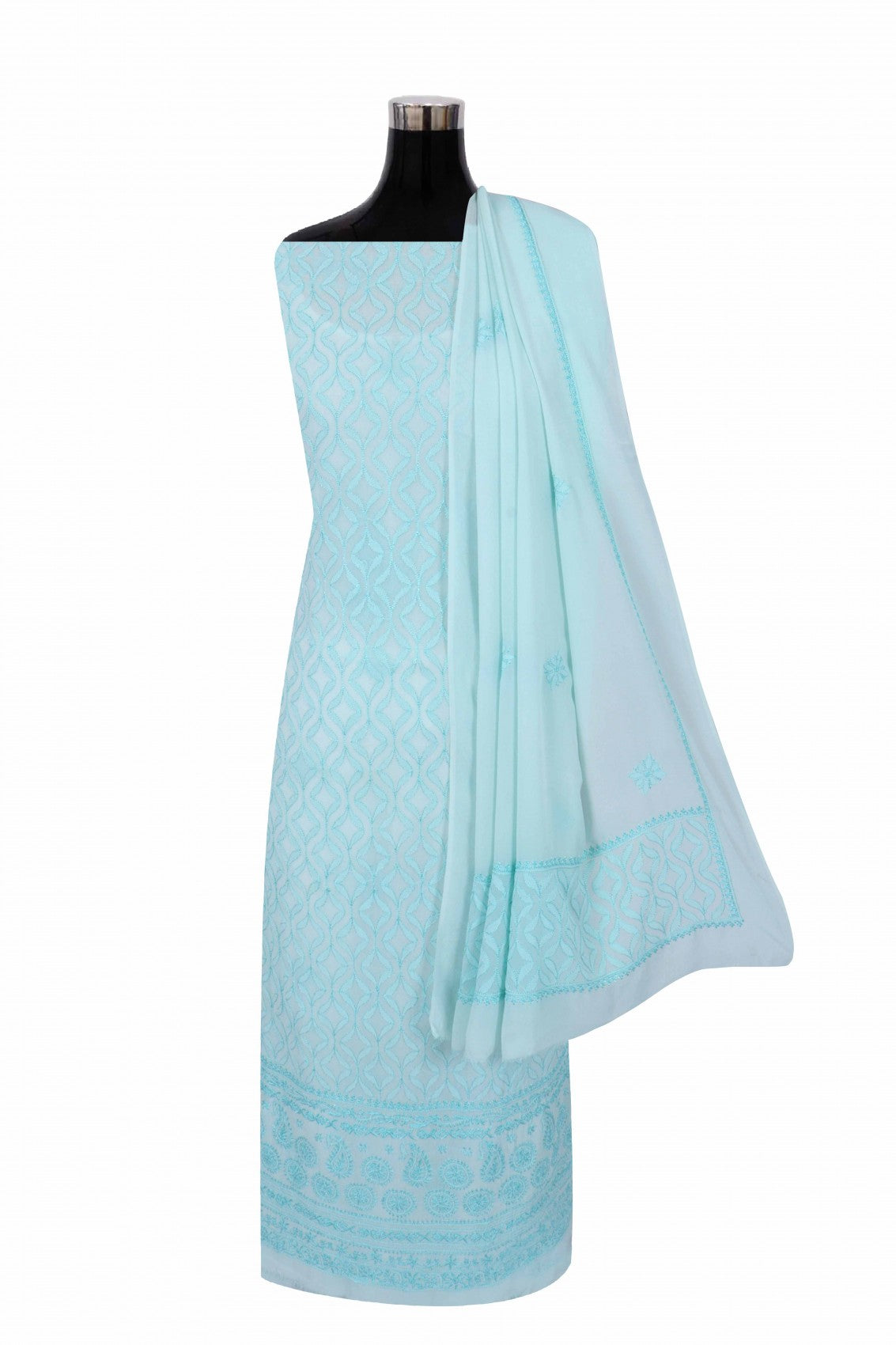 Ada Hand Embroidered Sea Green Georgette Lucknowi Chikankari Unstitched Kurta Dupatta Set A525503