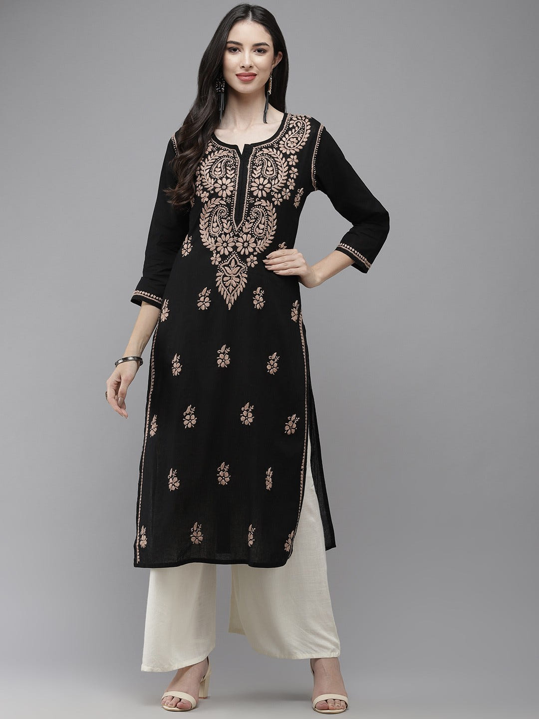 Ada Hand Embroidered Black Cotton Lucknow Chikankari Straight Kurta A411338