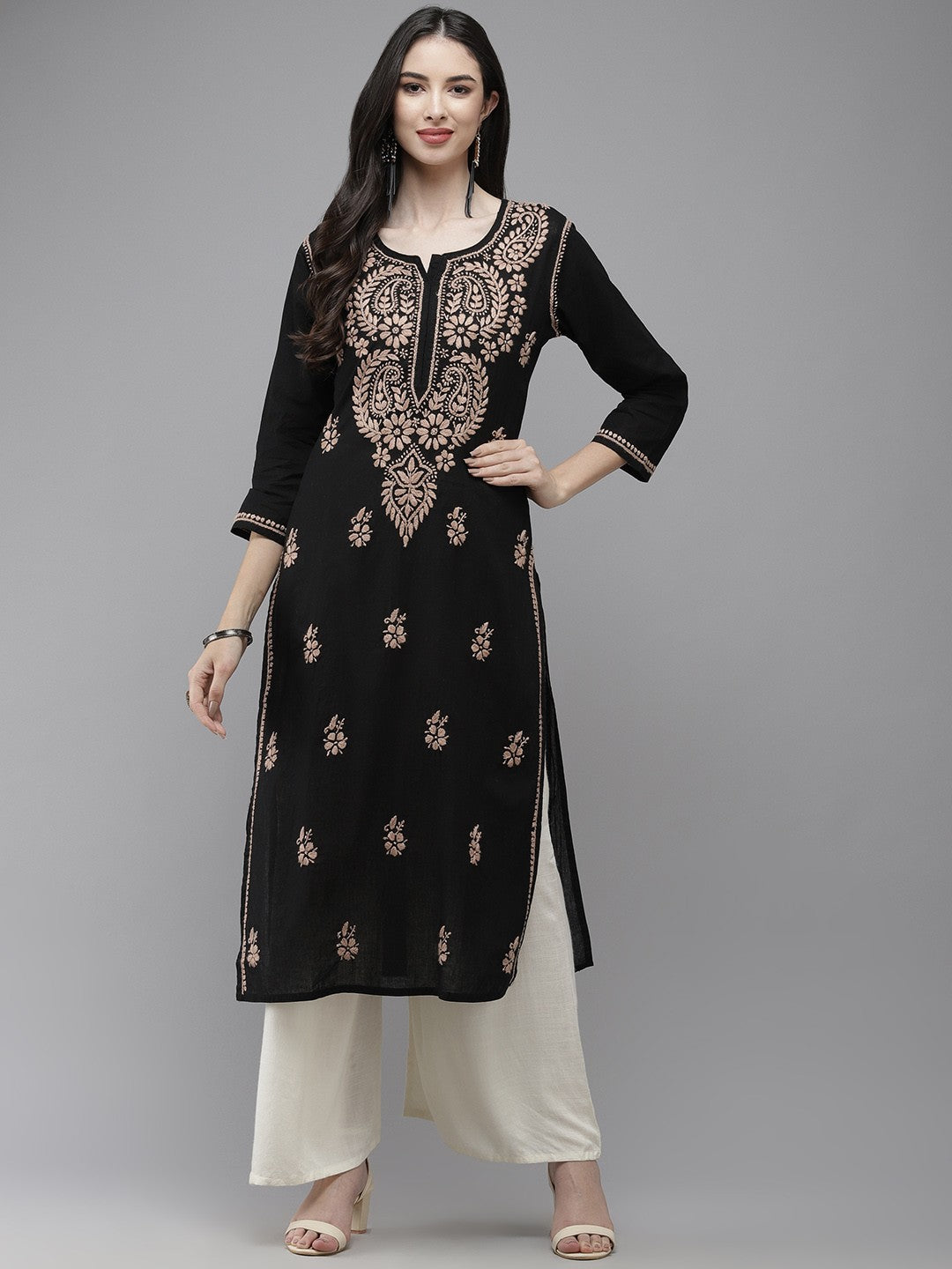 Ada Hand Embroidered Black Cotton Lucknow Chikankari Straight Kurta A411338