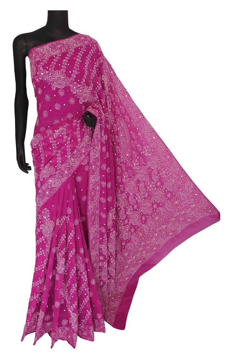 Ada Hand Embroidered Magenta Pure Georgette Lucknowi Chikankari Saree/Blouse With Mirror Work A547583
