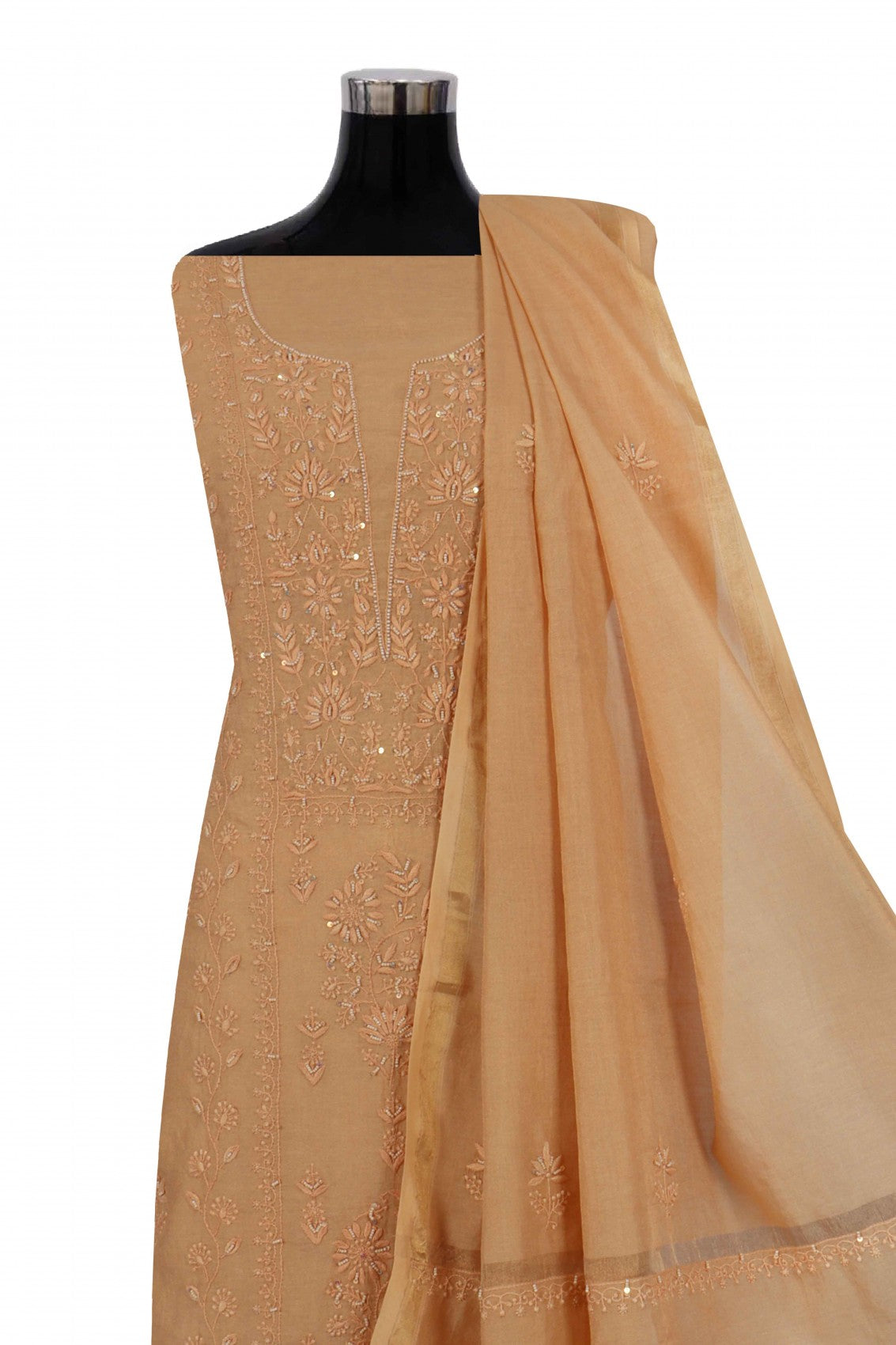 Ada Hand Embroidered Fawn Tissue Lucknowi Chikankari Unstitched Kurta Dupatta Set With Pearl Work 01A193513
