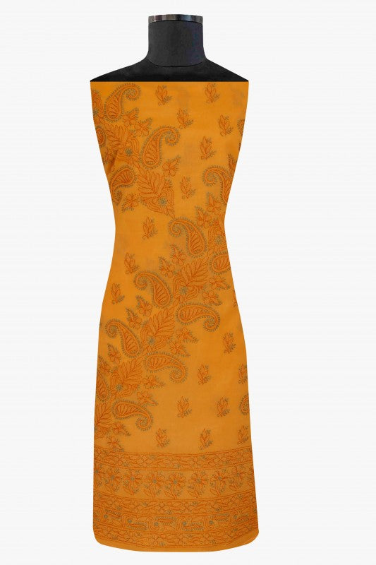 Ada Hand Embroidered Mustard Cotton Lucknowi Chikan Unstitched Suit Piece-A211154