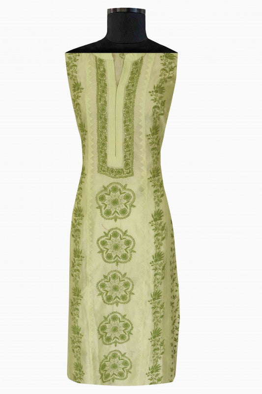 Ada Hand Embroidered Green Chanderi Lucknowi Chikan Semi-Stitched Kurta Piece With Muqaish Work-A588042