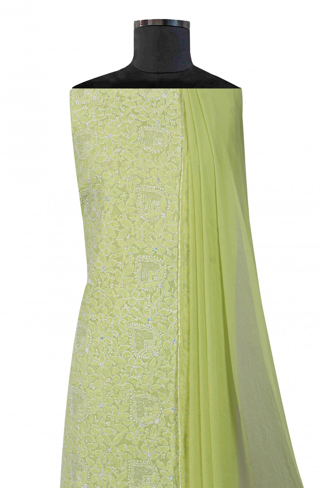 Ada Hand Embroidered Sheen Green Cotton Lucknowi Chikankari Unstitched Suit Piece With Cutdana 01A231891