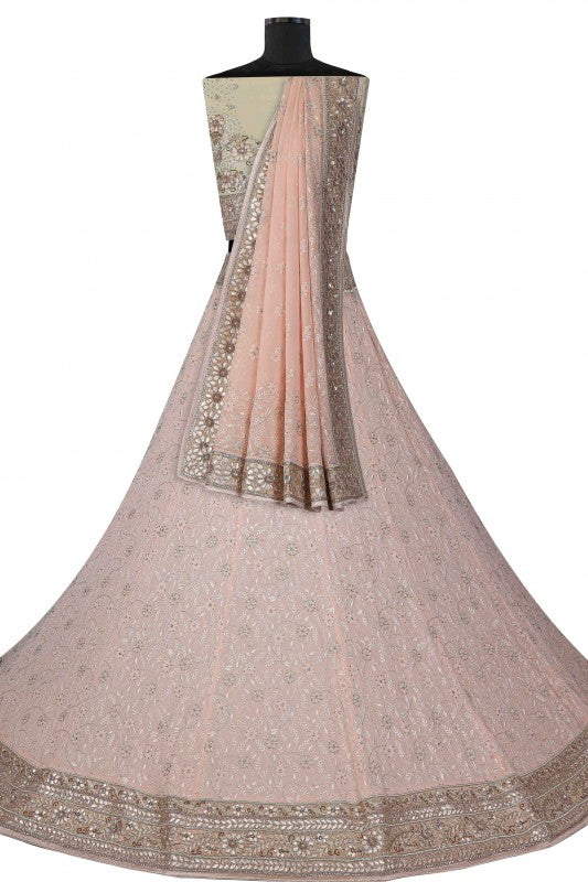 Ada Hand Embroidered Cameo Pink/Cream Pure Georgette Lucknowi Chikankari Lehenga Set With Gota patti Work– A574997