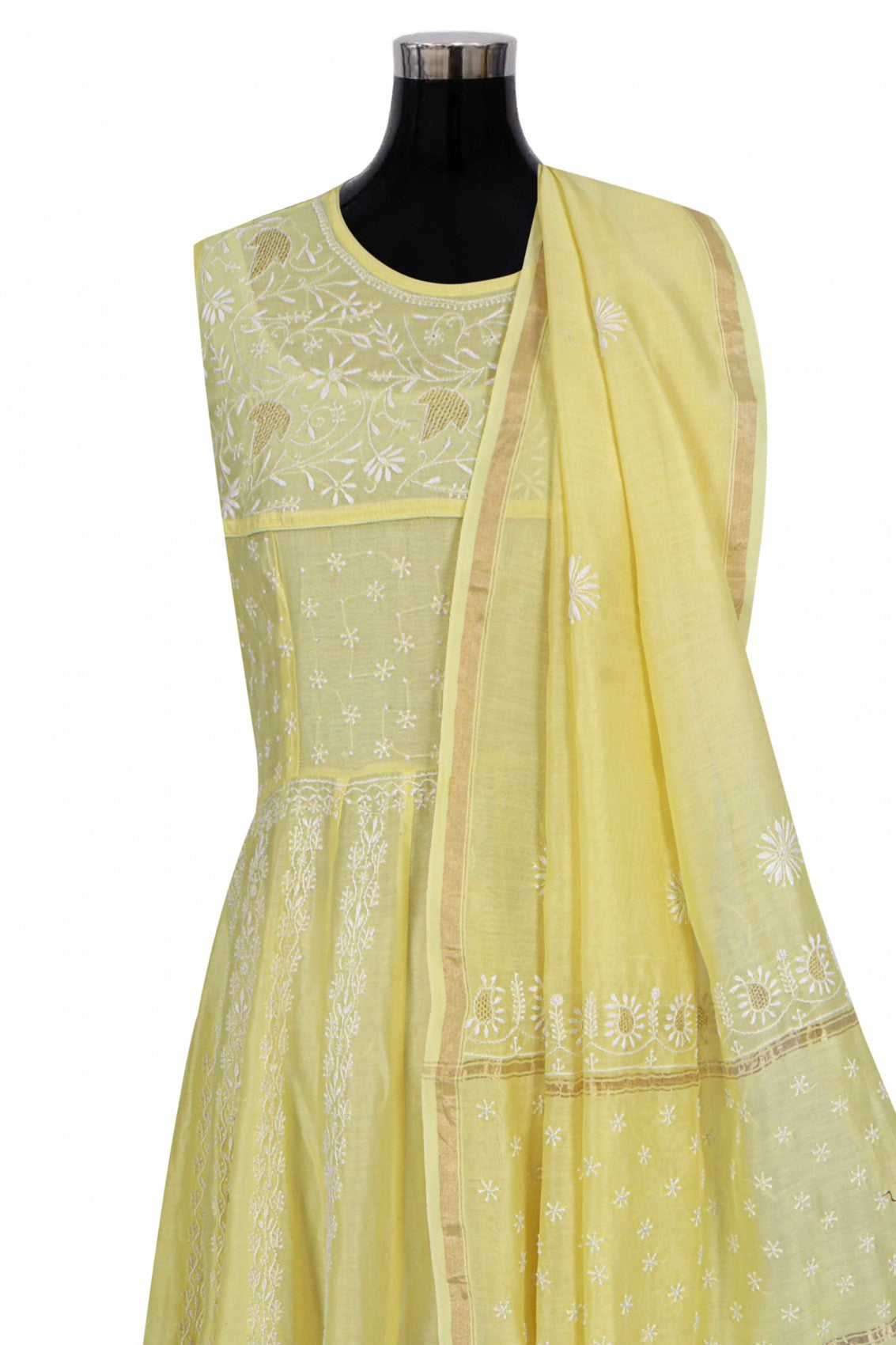 Ada Hand Embroidered Lemon Chanderi Lucknowi Chikankari Semi-Stitched Anarkali Kurta Dupatta Set With Zari Work 01A205829