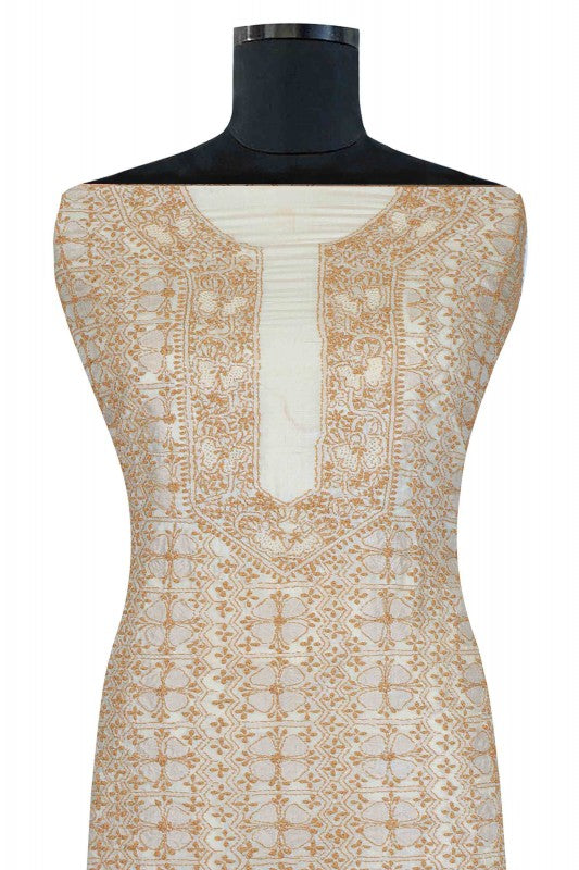 Ada Hand Embroidered Natural Fawn Tussar Silk Lucknowi Chikan Unstitched Kurta Piece A606087