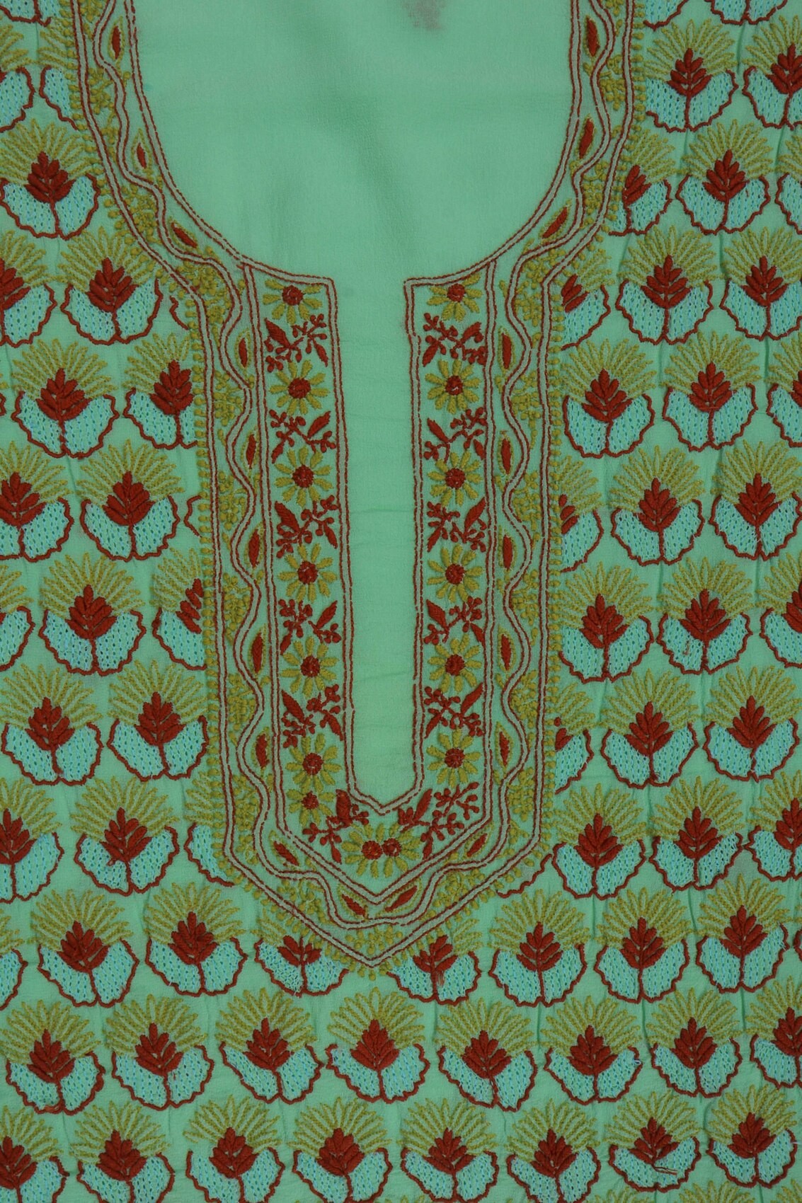 Ada Hand Embroidered Green Pure Georgette Lucknowi Chikankari Unstitched Kurta Dupatta Set A163541