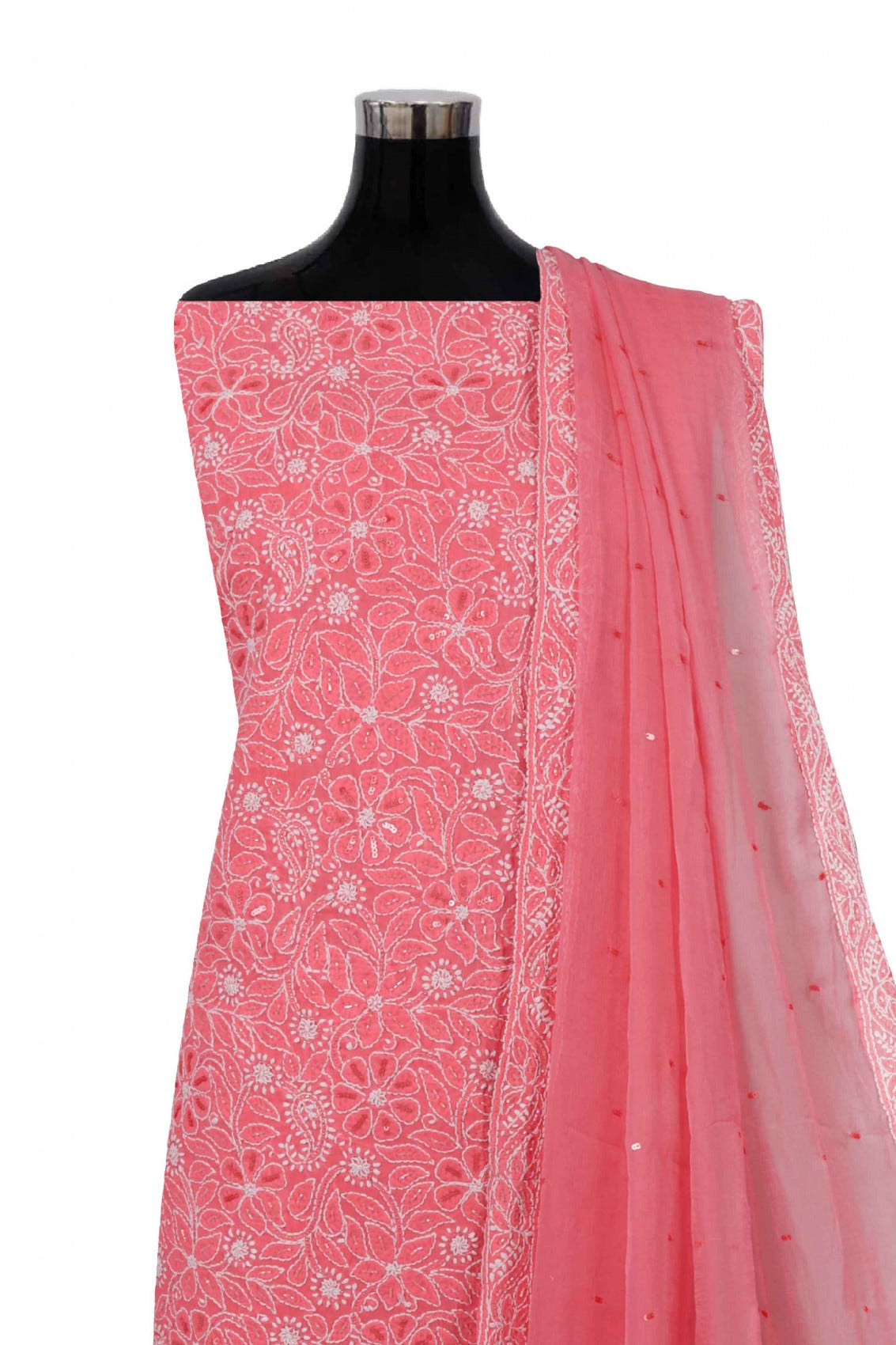 Ada Hand Embroidered Pink Cotton Lucknowi Chikankari Unstitched Suit Piece With Cutdana Work 01A213973