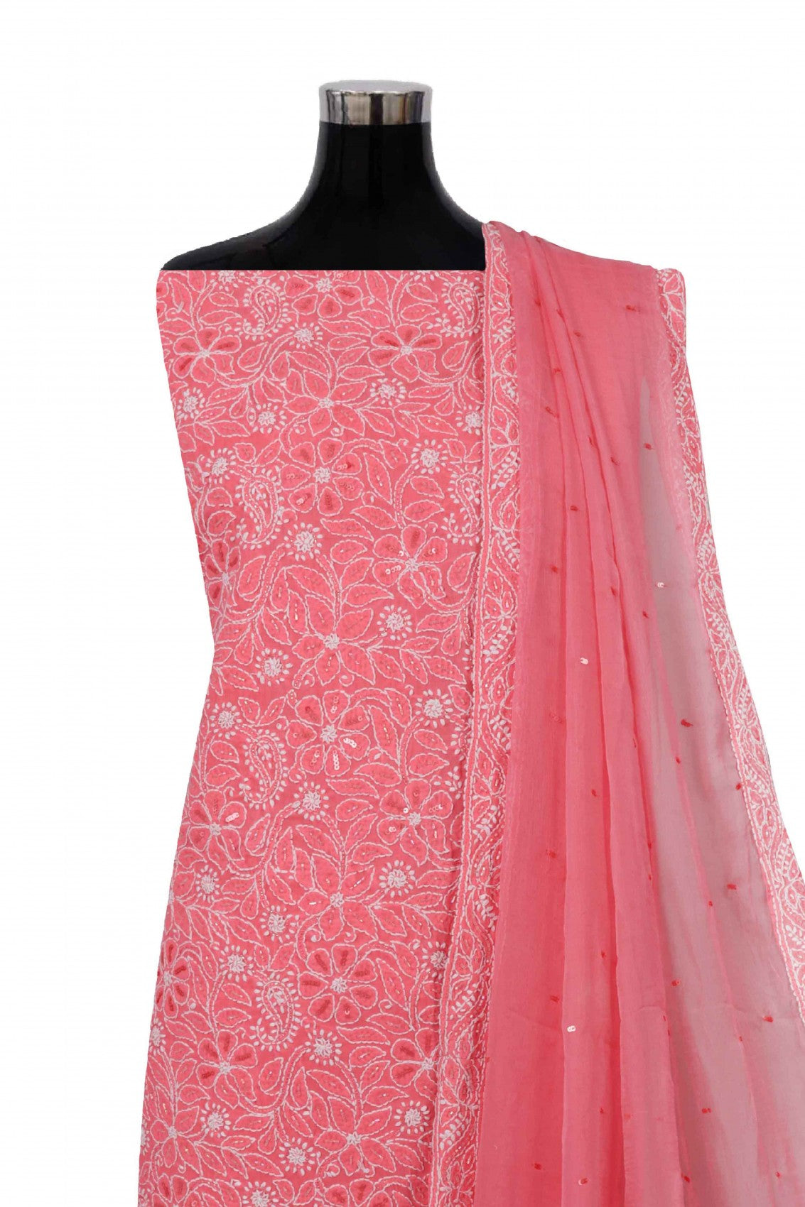 Ada Hand Embroidered Pink Cotton Lucknowi Chikankari Unstitched Suit Piece With Cutdana Work 01A213973