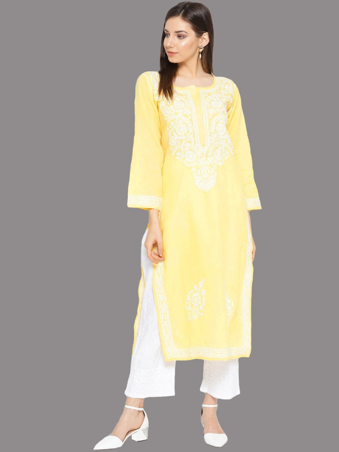 Ada Hand Embroidered Yellow Cotton Lucknowi Chikankari Kurta Set A100128