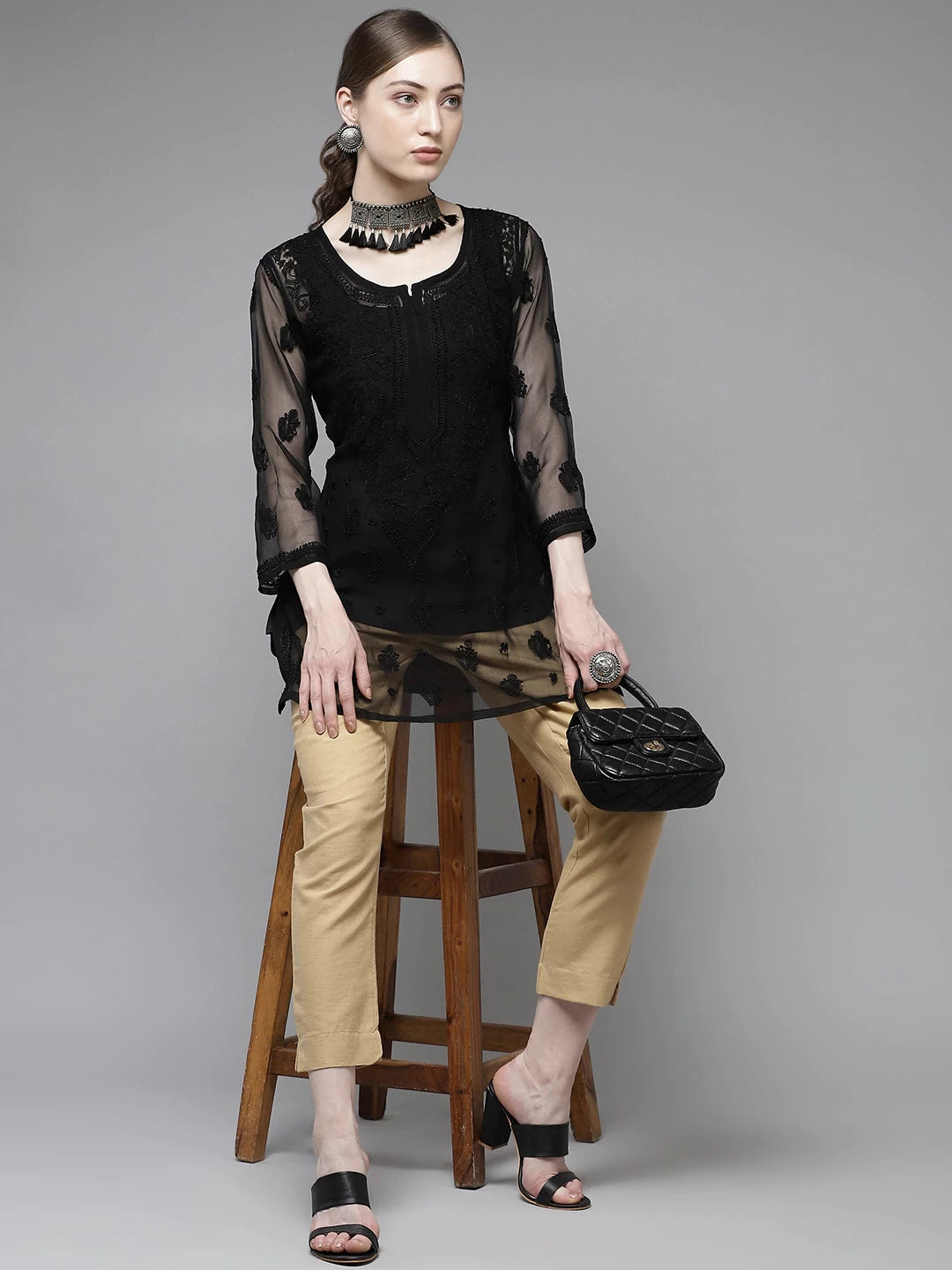 Ada Hand Embroidered Black Georgette Lucknow Chikan Kurti with slip A911139