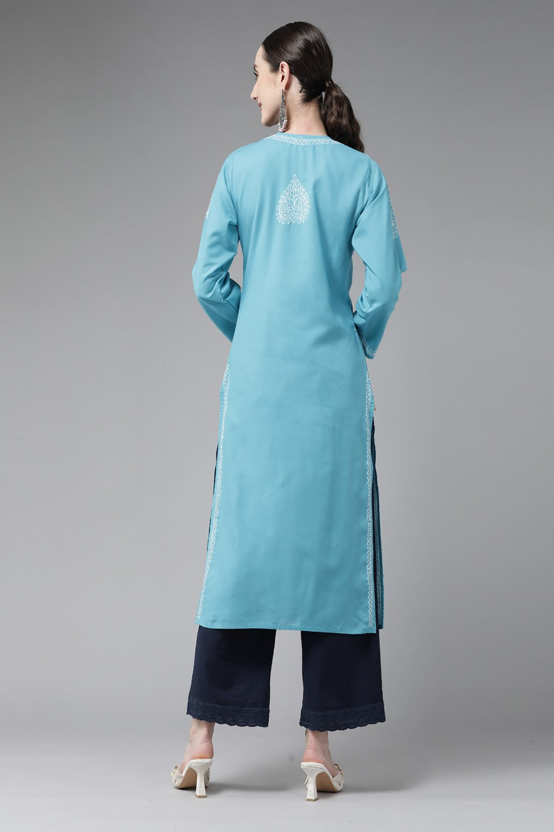 Ada Hand Embroidered Blue Cotton Lucknowi Chikankari Straight Kurta A197497