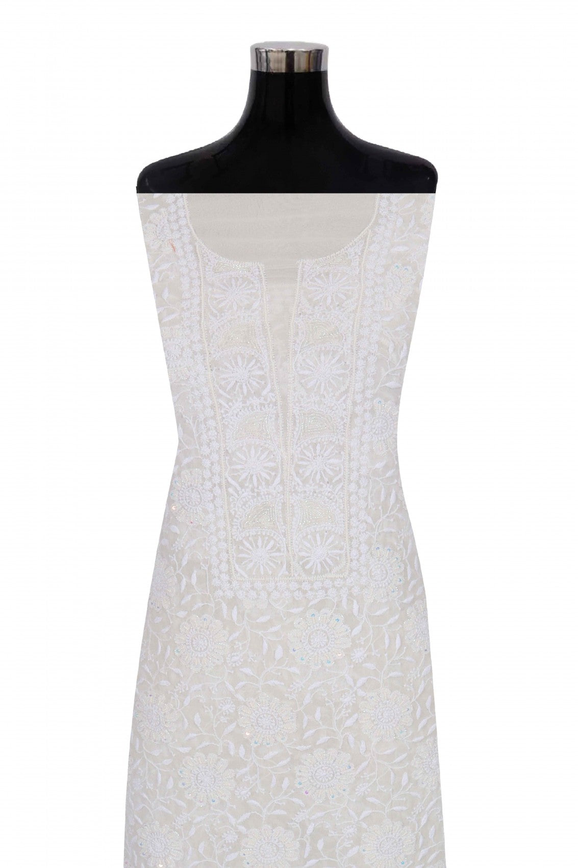 Ada Hand Embroidered White Pure Georgette Lucknowi Chikankari Unstitched Kurta Dupatta Set With Pearl Work 01A186865