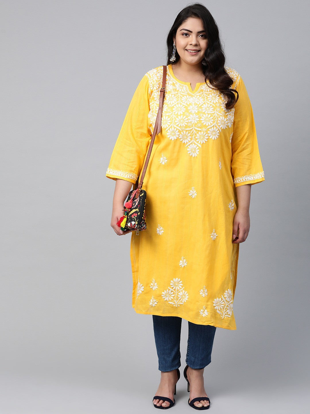 Ada Hand Embroidered Yellow Cotton Lucknow Chikankari Kurta A411166