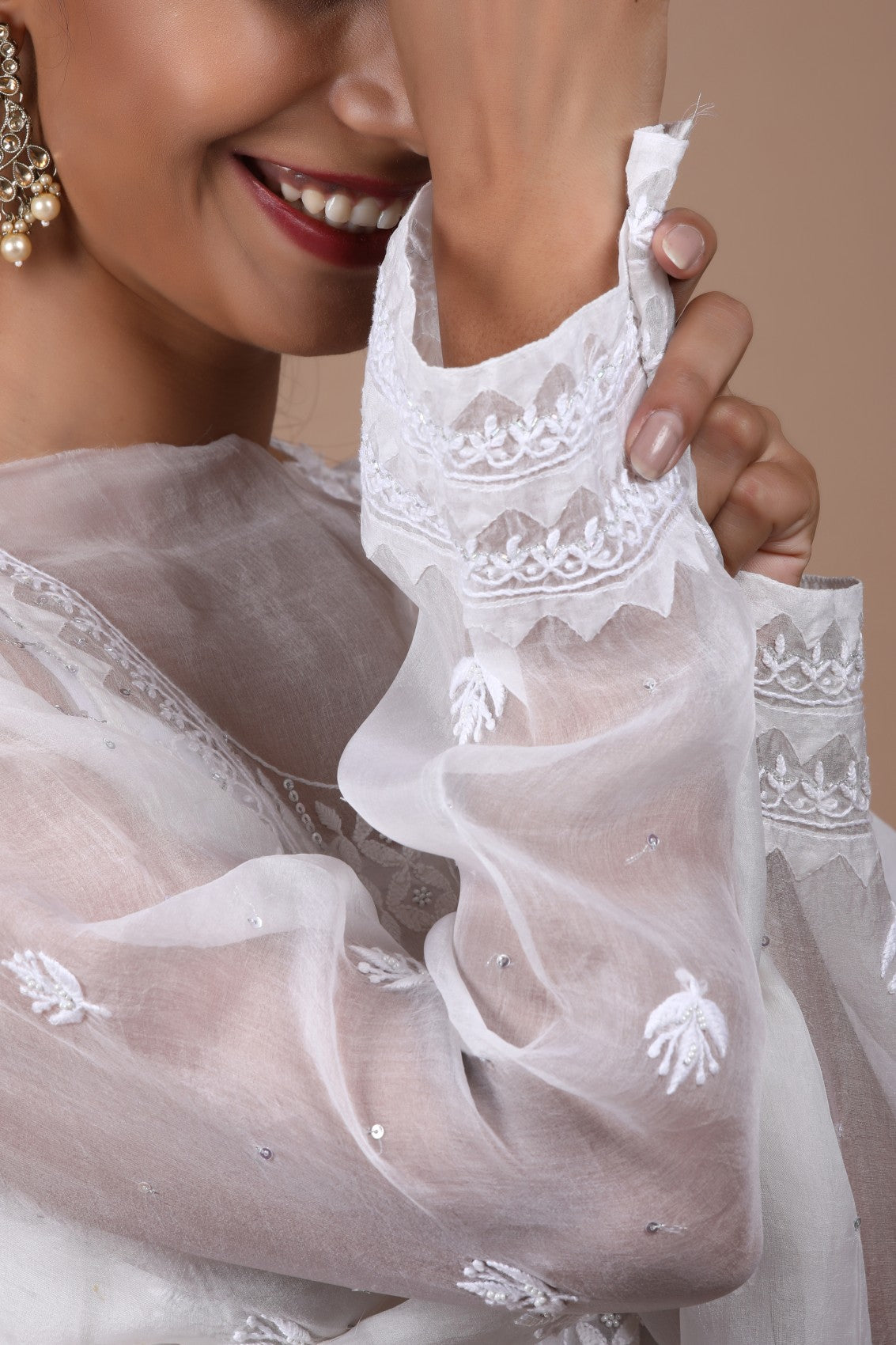 Ada Hand Embroidered White Organza Lucknowi Chikankari Semi-stitched Kurta Dupatta Set With Pearl Work 01A124720