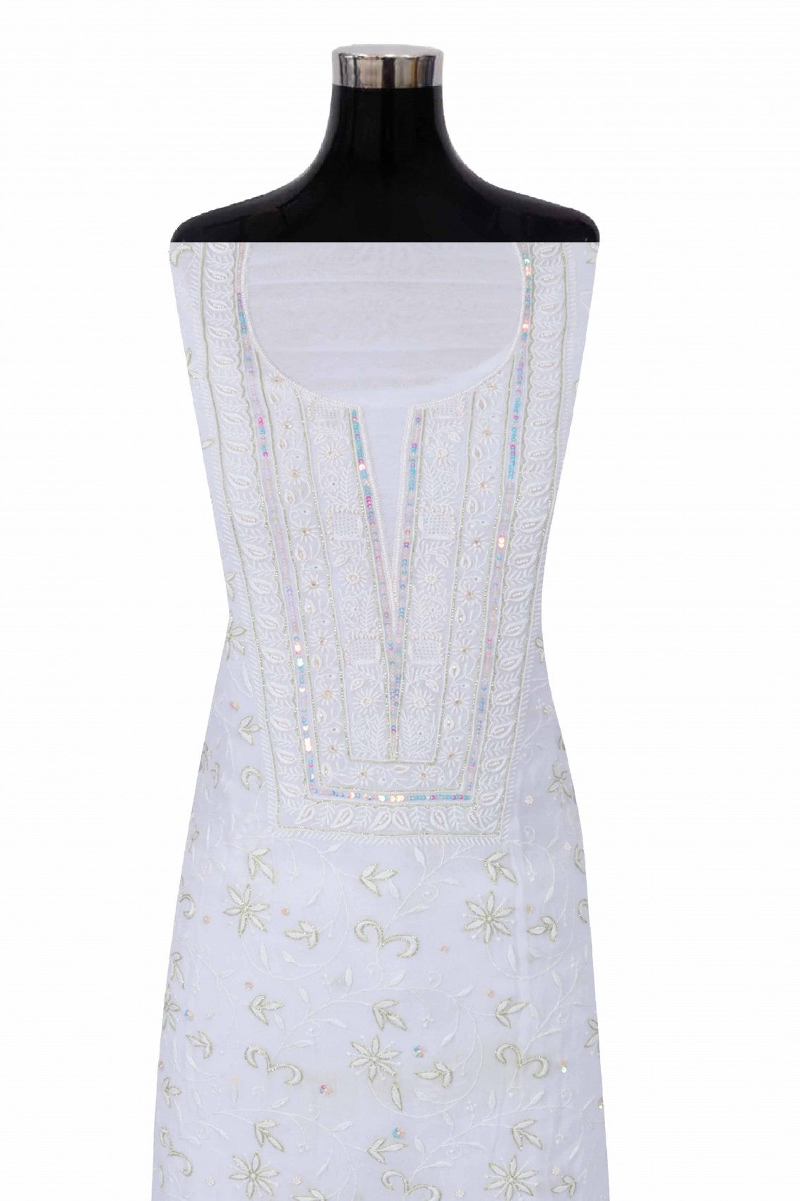 Ada Hand Embroidered White Viscose Georgette Lucknowi Chikankari Unstitched Kurta Dupatta Set With Pearl Work 01A197558