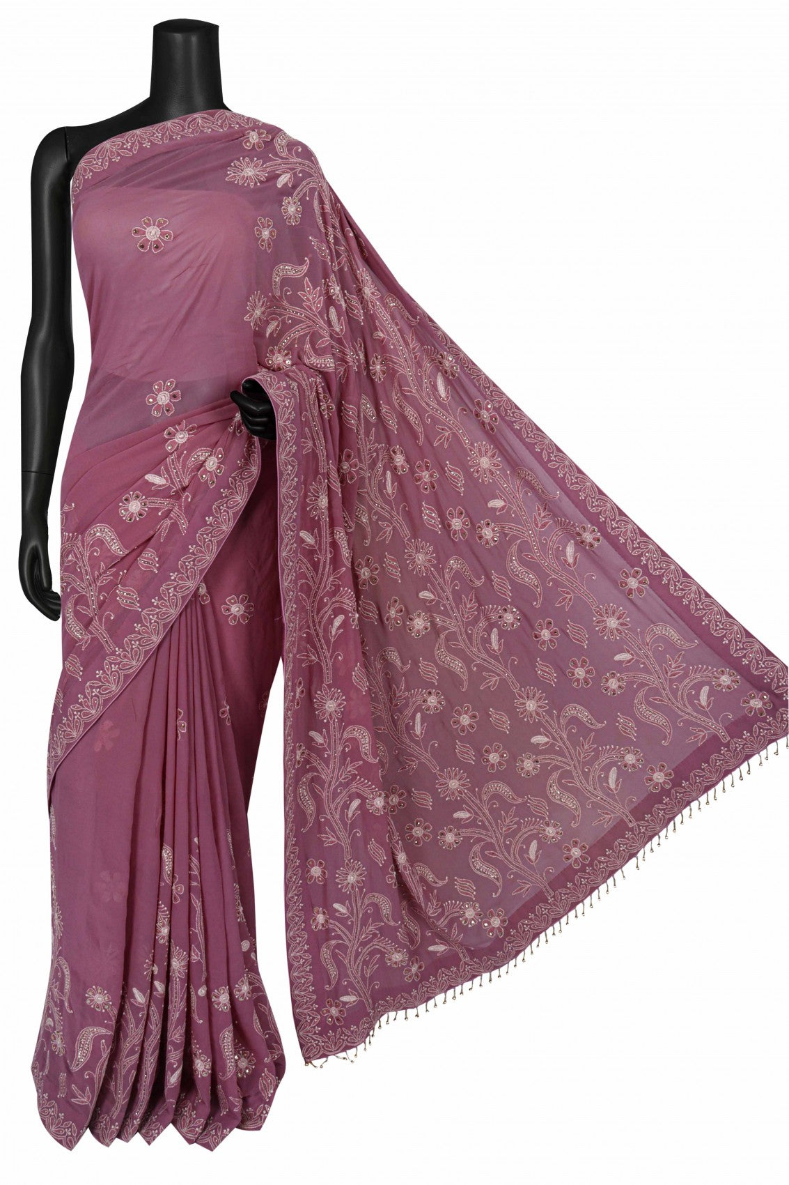 Ada Hand Embroidered Mauve Pure Georgette Lucknowi Chikankari Saree/Blouse with Muqaish Work A310154