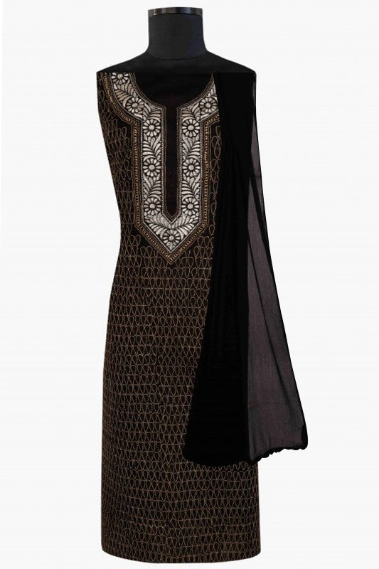 Ada Hand Embroidered Black Cotton Lucknowi Chikan Unstitched Suit Piece A100183
