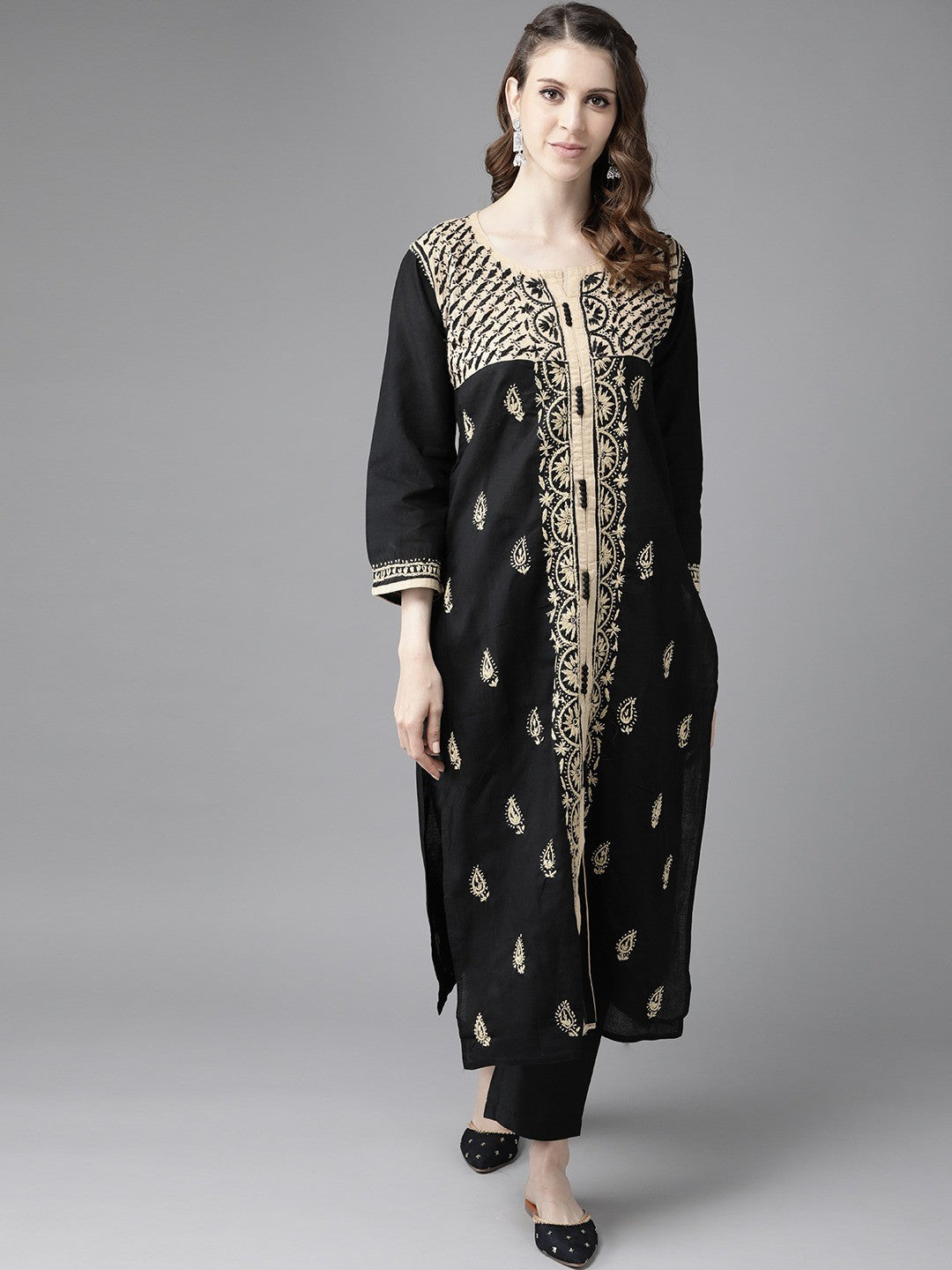Ada Hand Embroidered Black Cotton Lucknowi Chikankari Straight Kurta A430326