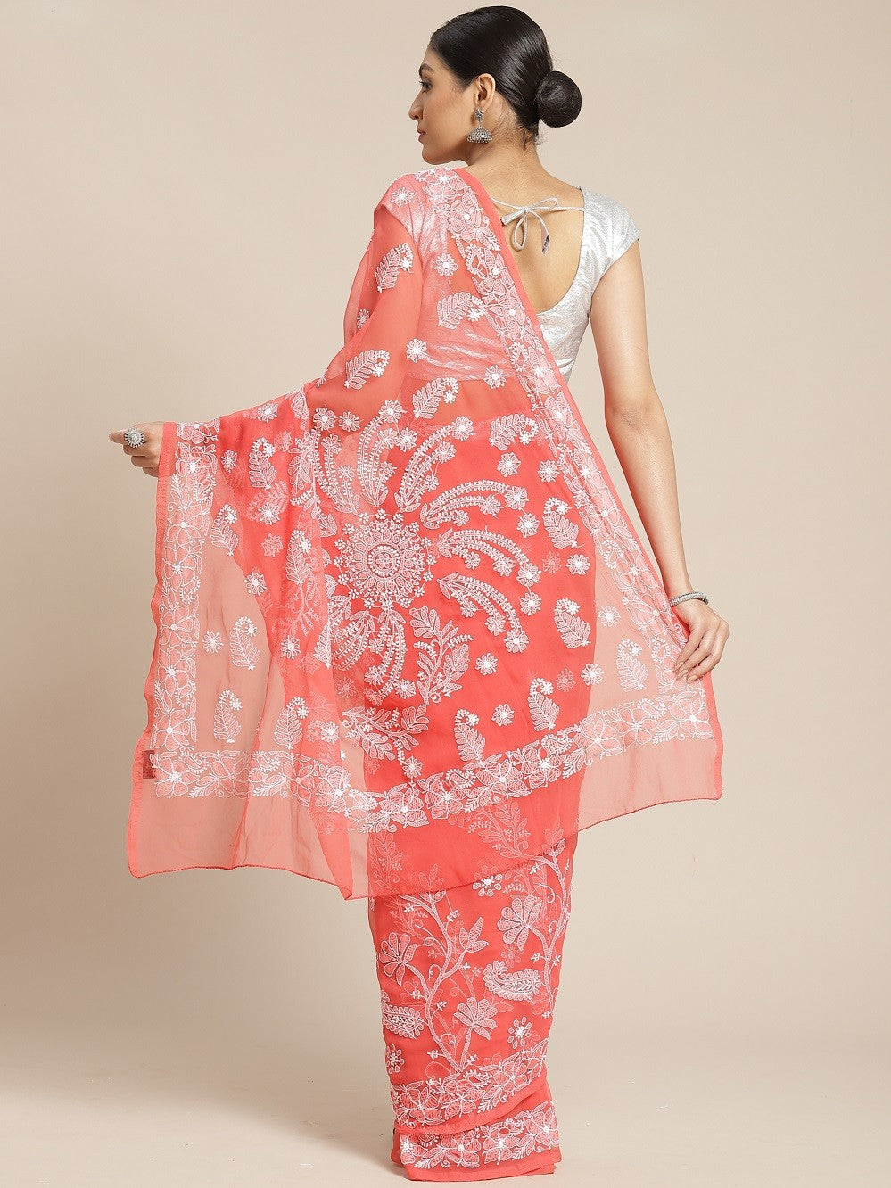 Ada Hand Embroidered Carrot Pink Goergette Lucknowi Chikankari Saree with Blouse A204916