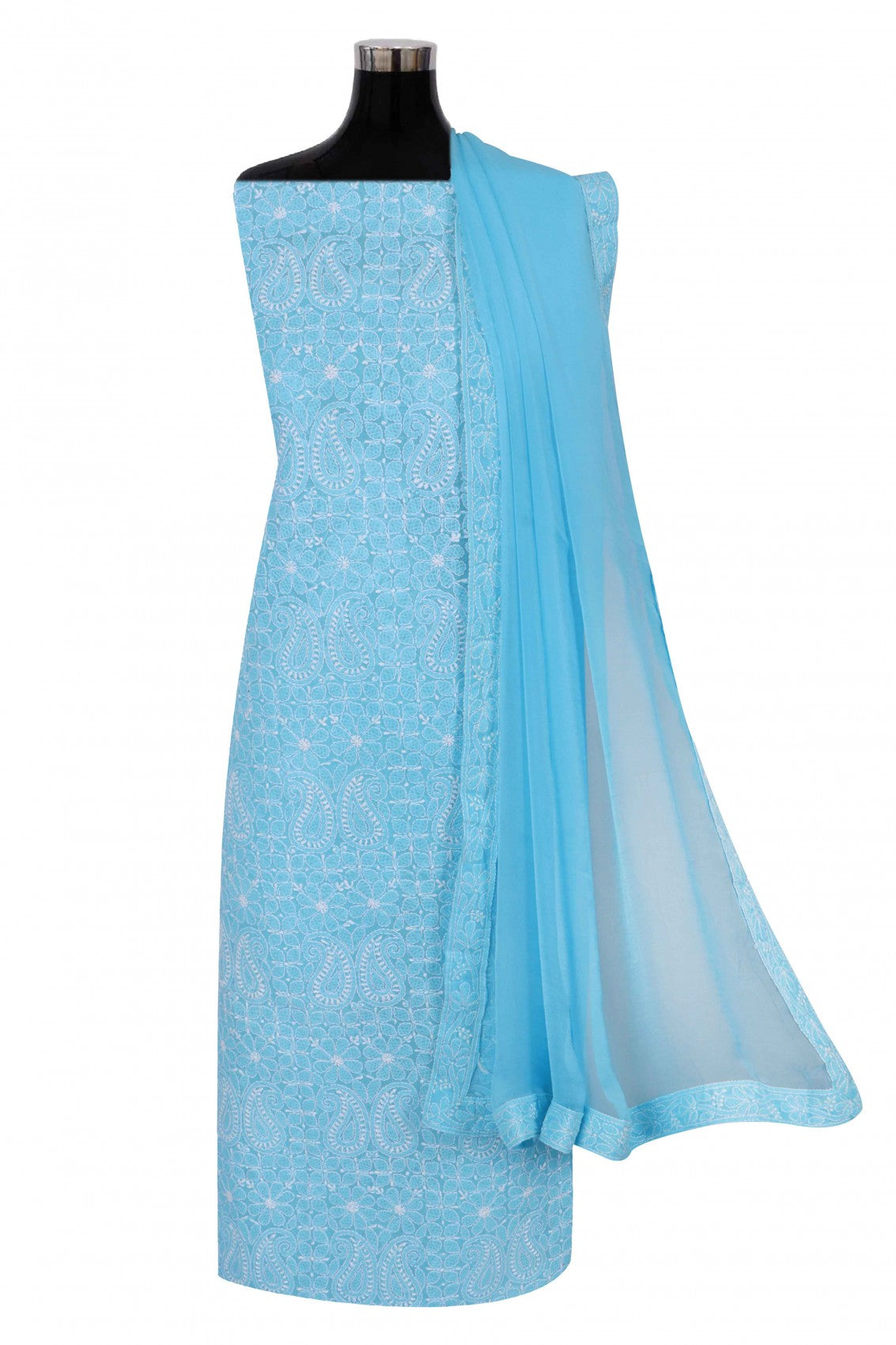 Ada Hand Embroidered Sky Blue Cotton Lucknowi Chikan Unstitched Suit Piece A495590