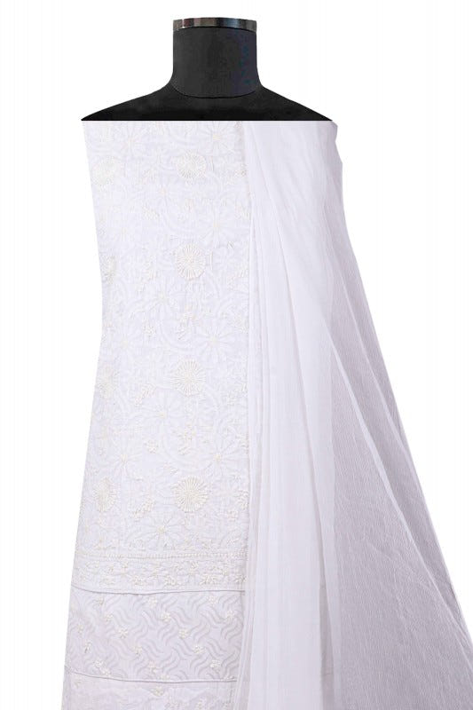 Ada Hand Embroidered White Cotton Lucknowi Chikan Unstitched Suit Piece A23261