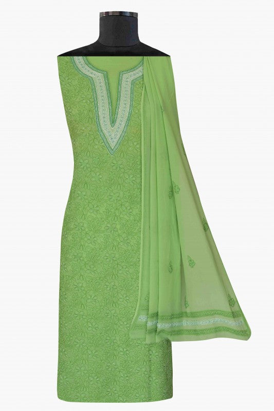 Ada Hand Embroidered Green Pure Georgette Lucknowi Chikan Unstitched Kurta Dupatta Set With Pearl Work-A279695