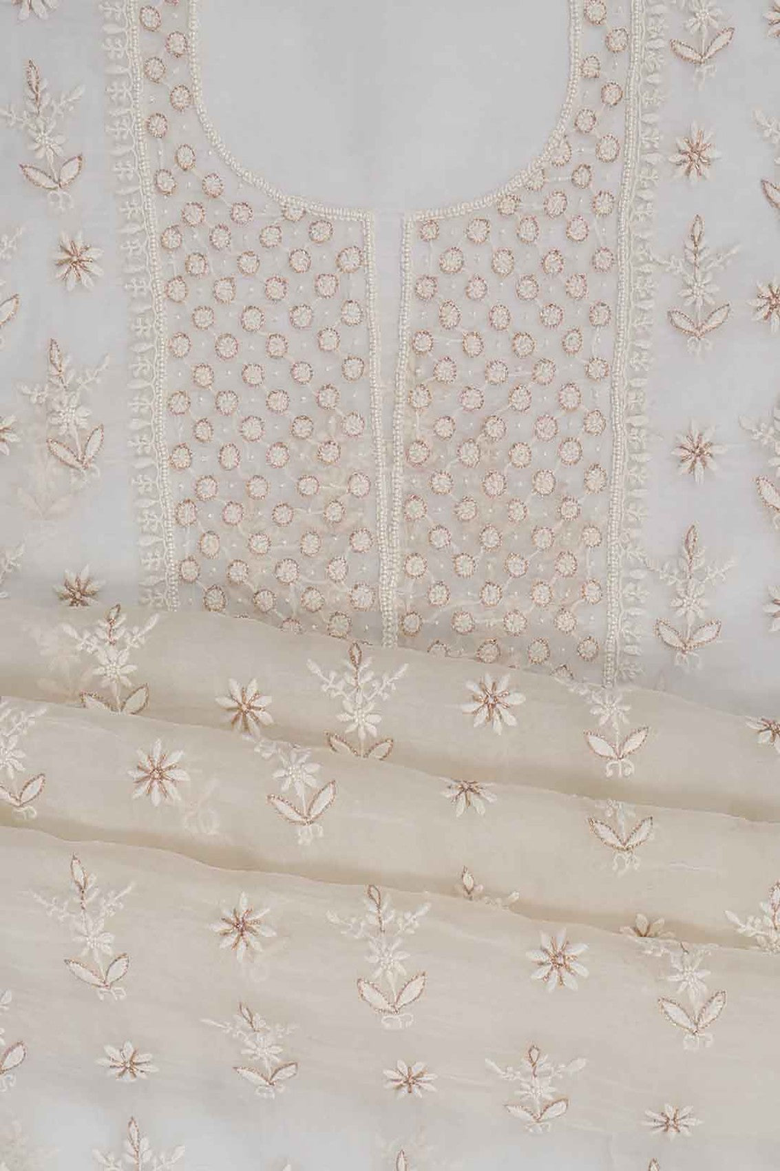 Ada Hand Embroidered White Organza Lucknowi Chikankari Unstitched Kurta Piece With Pearl Work A614805