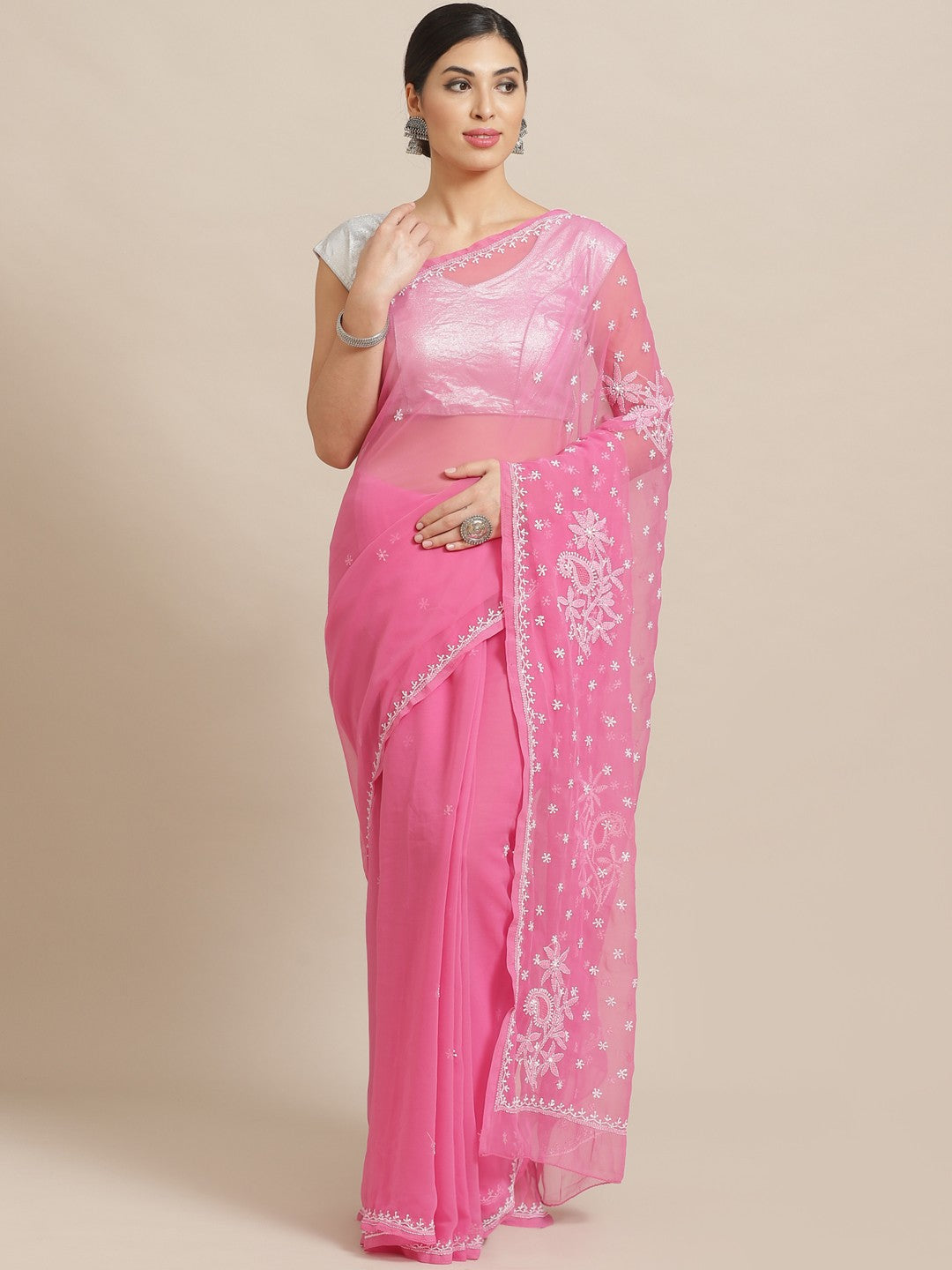 Ada Hand Embroidered Pink Georgette Lucknowi Chikankari Saree With Blouse A84006
