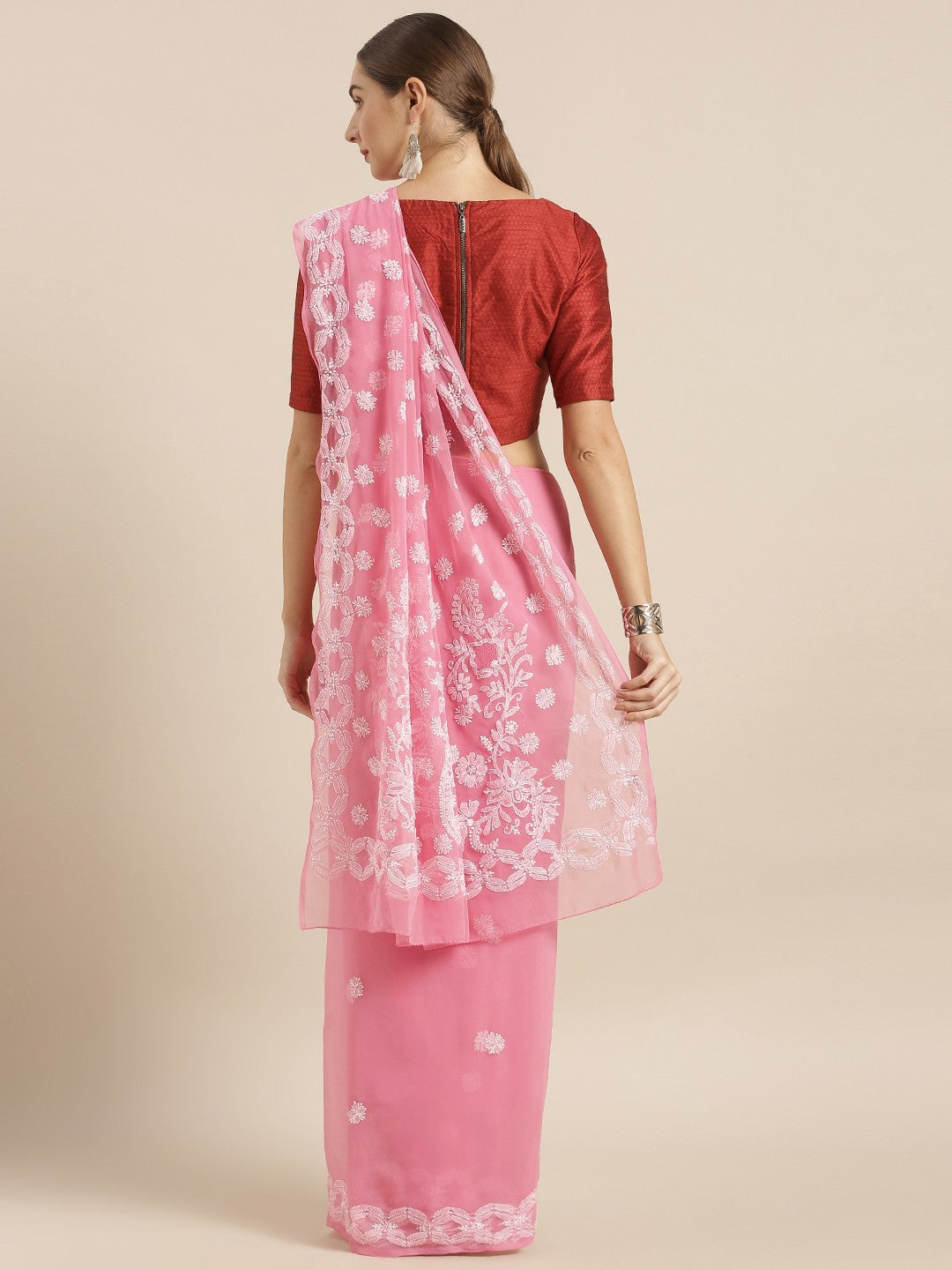 Ada Hand Embroidered Onion Pink Faux Georgette Lucknow Chikankari Saree with Blouse A204743