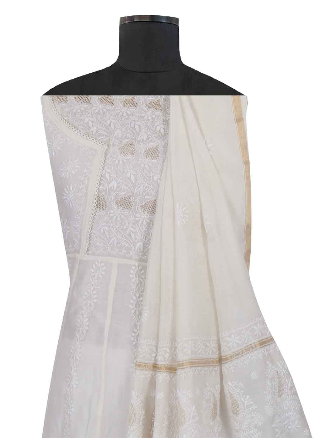 Ada Hand Embroidered Cream Chanderi Lucknowi Chikankari Semi-Stitched Anarkali Kurta Dupatta Set With Zari Work 01A205798