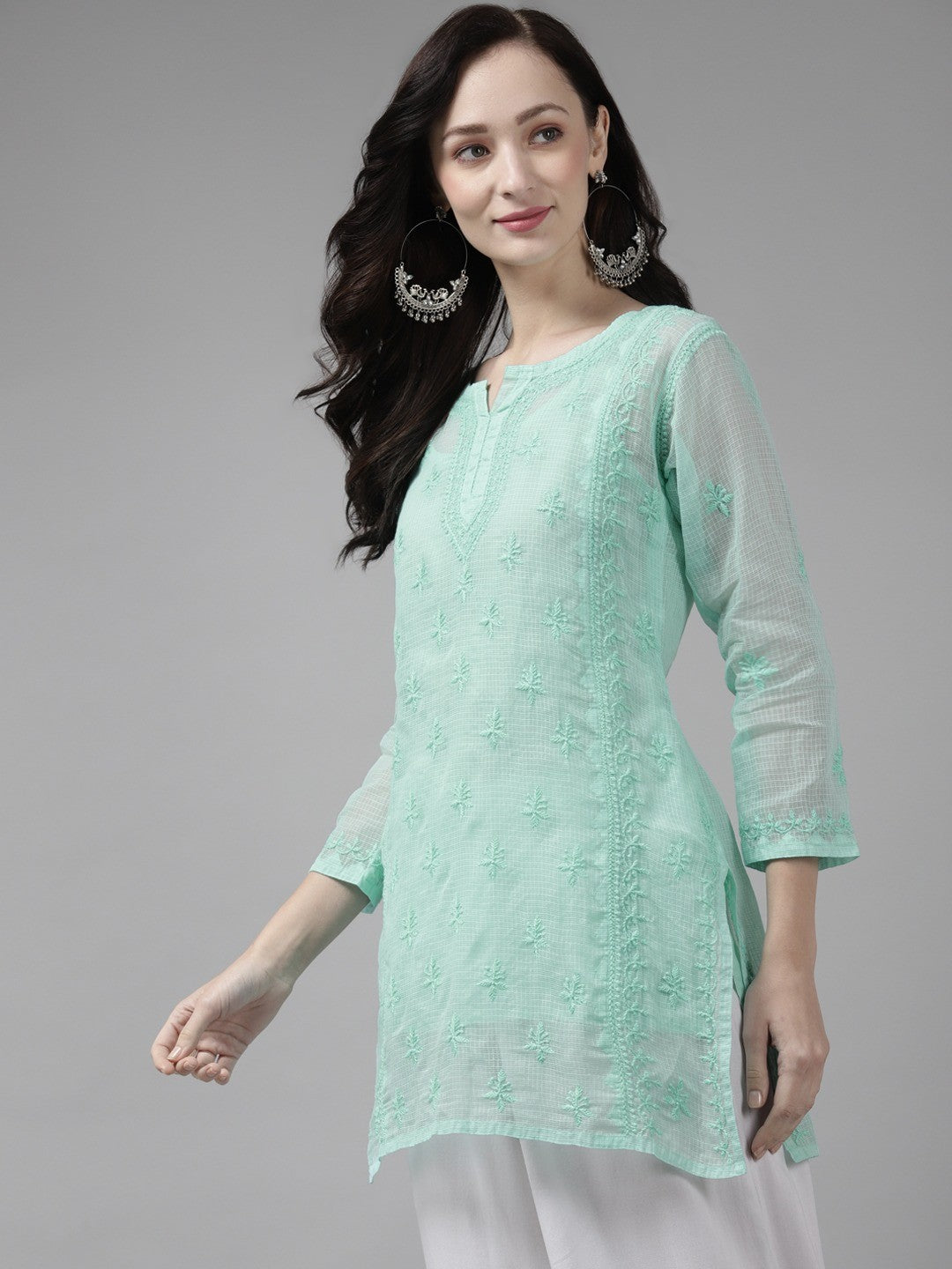 Ada Hand Embroidered Sea Green Kota Lucknow Chikan Kurti With Slip-A911157