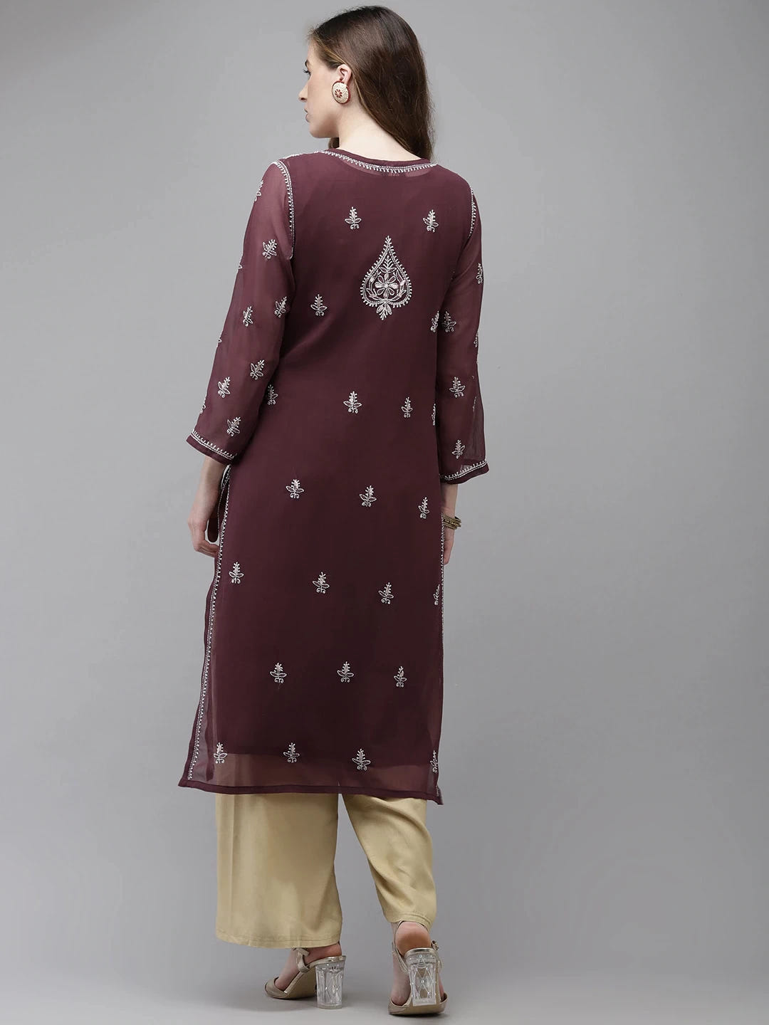 Ada Hand Embroidered Wine Georgette Lucknow Chikan Kurta/Slip with Gota Patti Work A411357