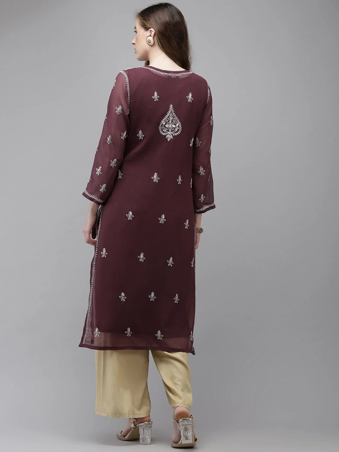 Ada Hand Embroidered Wine Georgette Lucknow Chikan Kurta/Slip with Gota Patti Work A411357