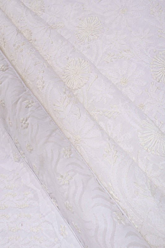 Ada Hand Embroidered White Cotton Lucknowi Chikan Unstitched Suit Piece A23261