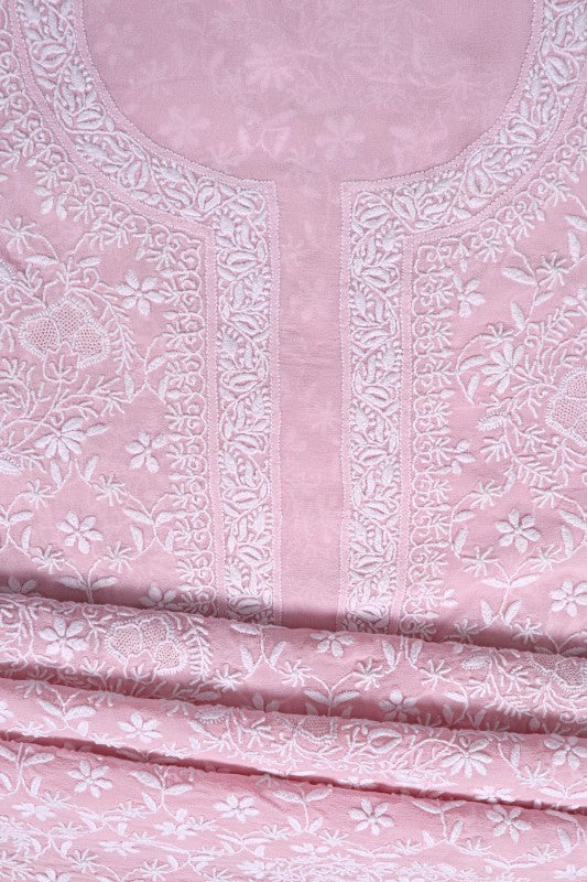 Ada Hand Embroidered Baby Pink Pure Georgette Lucknowi Chikan Unstitched Kurta Piece A21481