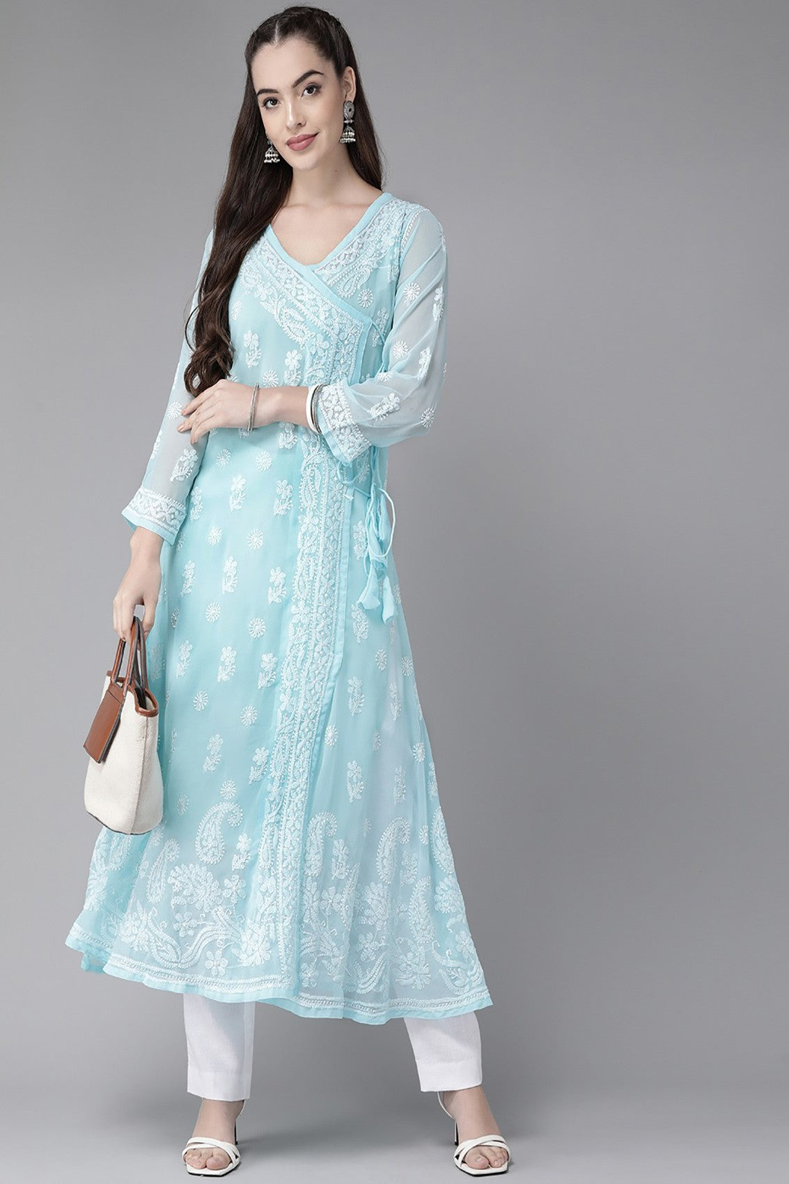 Ada Hand Embroidered Blue Georgette Lucknowi Chikankari Angarkha Kurta with Slip A411263