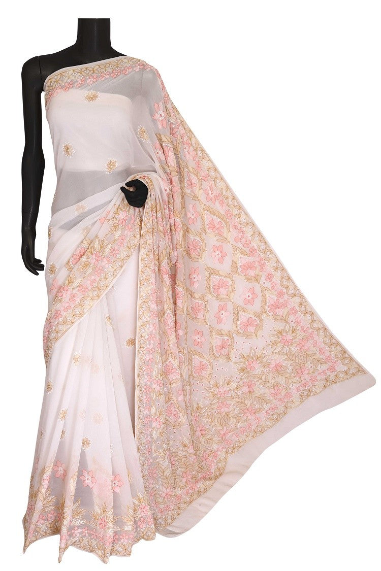 Ada Hand Embroidered Off White Georgette Lucknowi Chikankari Saree with Blouse A610322