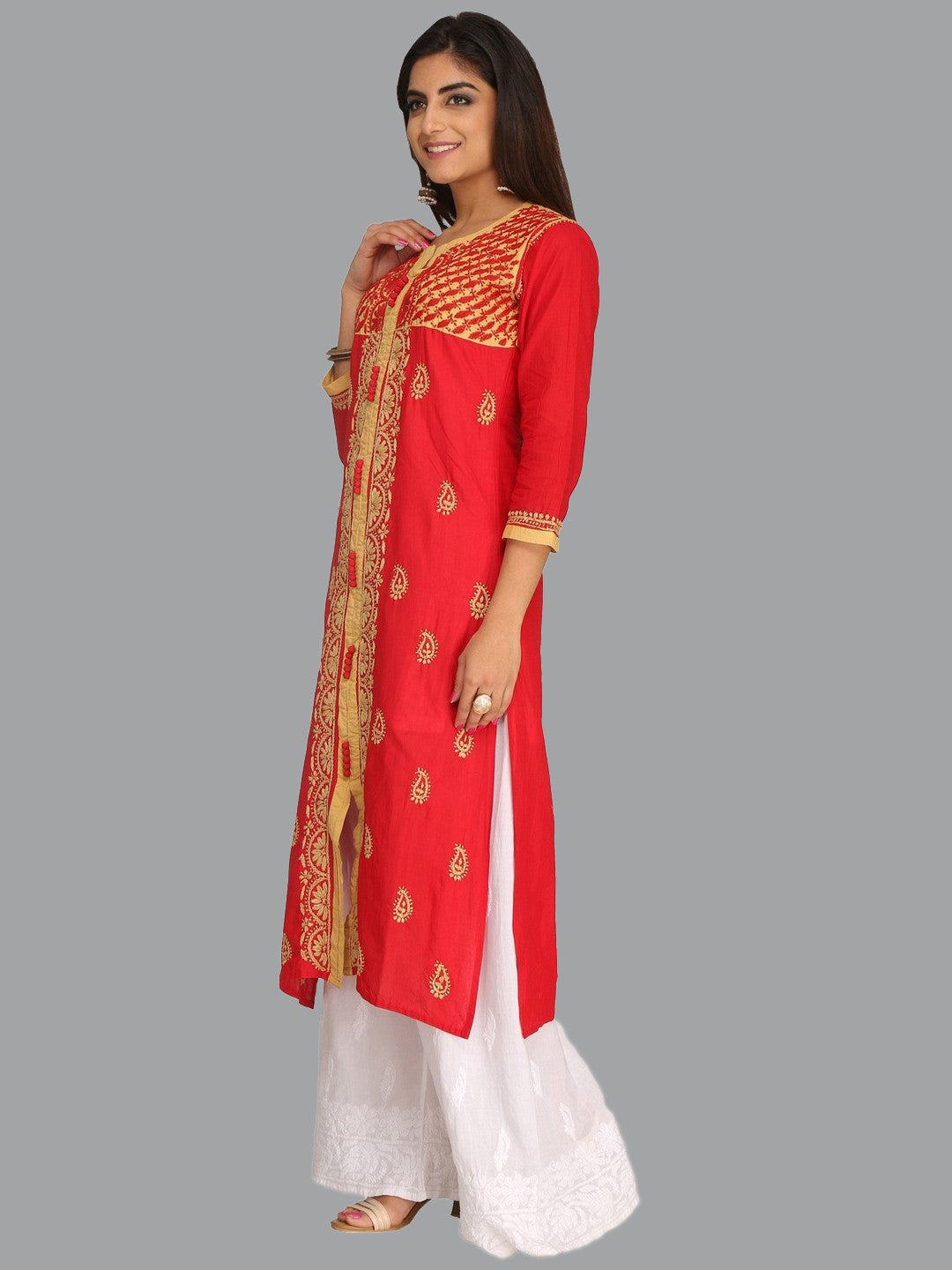Ada Hand Embroidered Red Cotton Lucknowi Chikankari Straight Kurta A244478