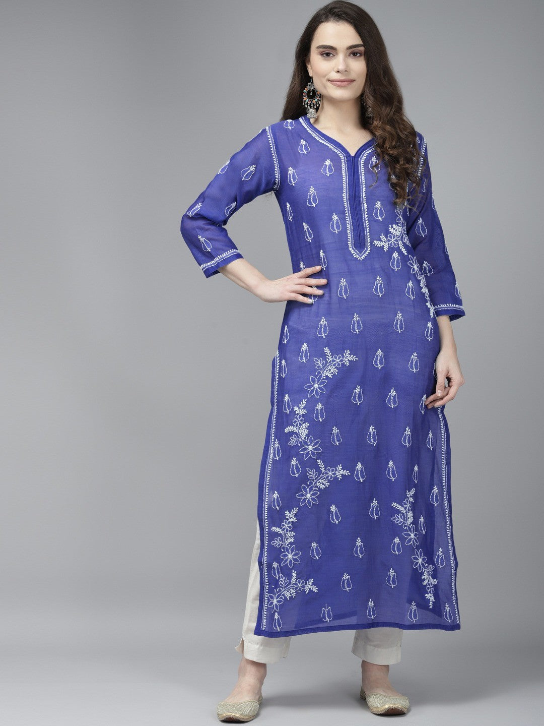 Ada Hand Embroidered Royal Blue Chanderi Lucknow Chikankari Kurta A411372