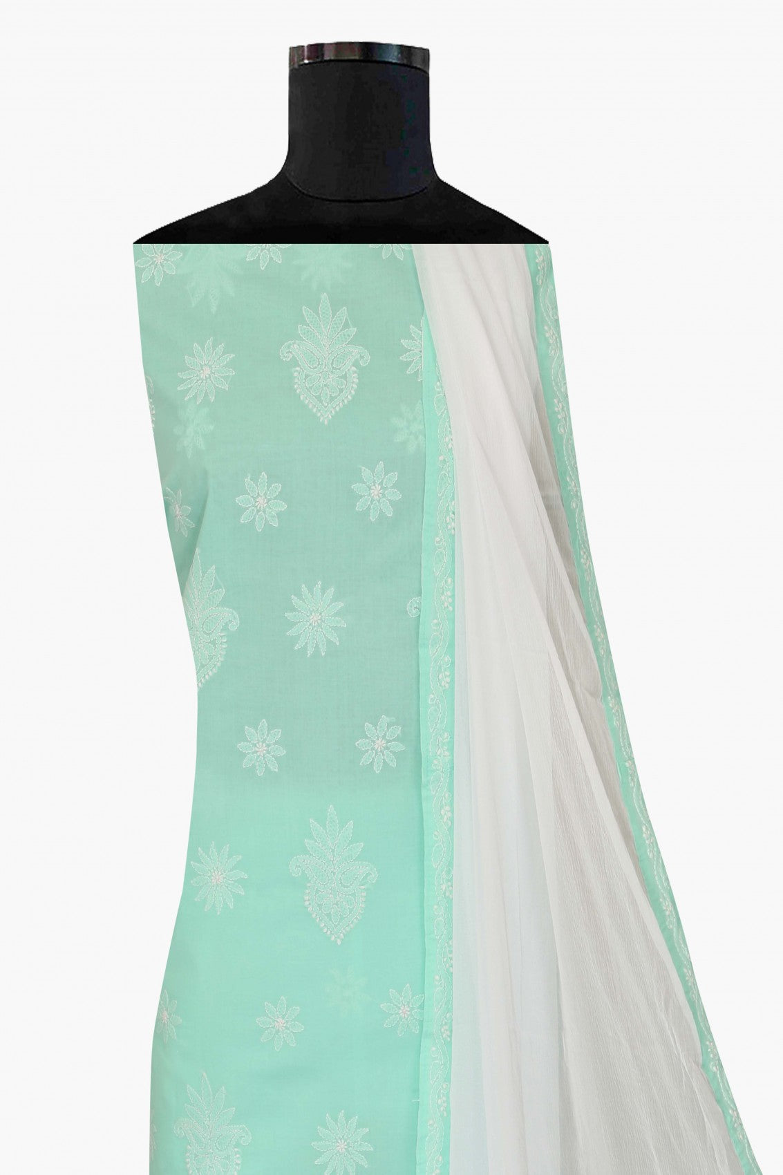 Ada Hand Embroidered Sea Green Cotton Lucknowi Chikankari Unstitched Suit Piece A211199