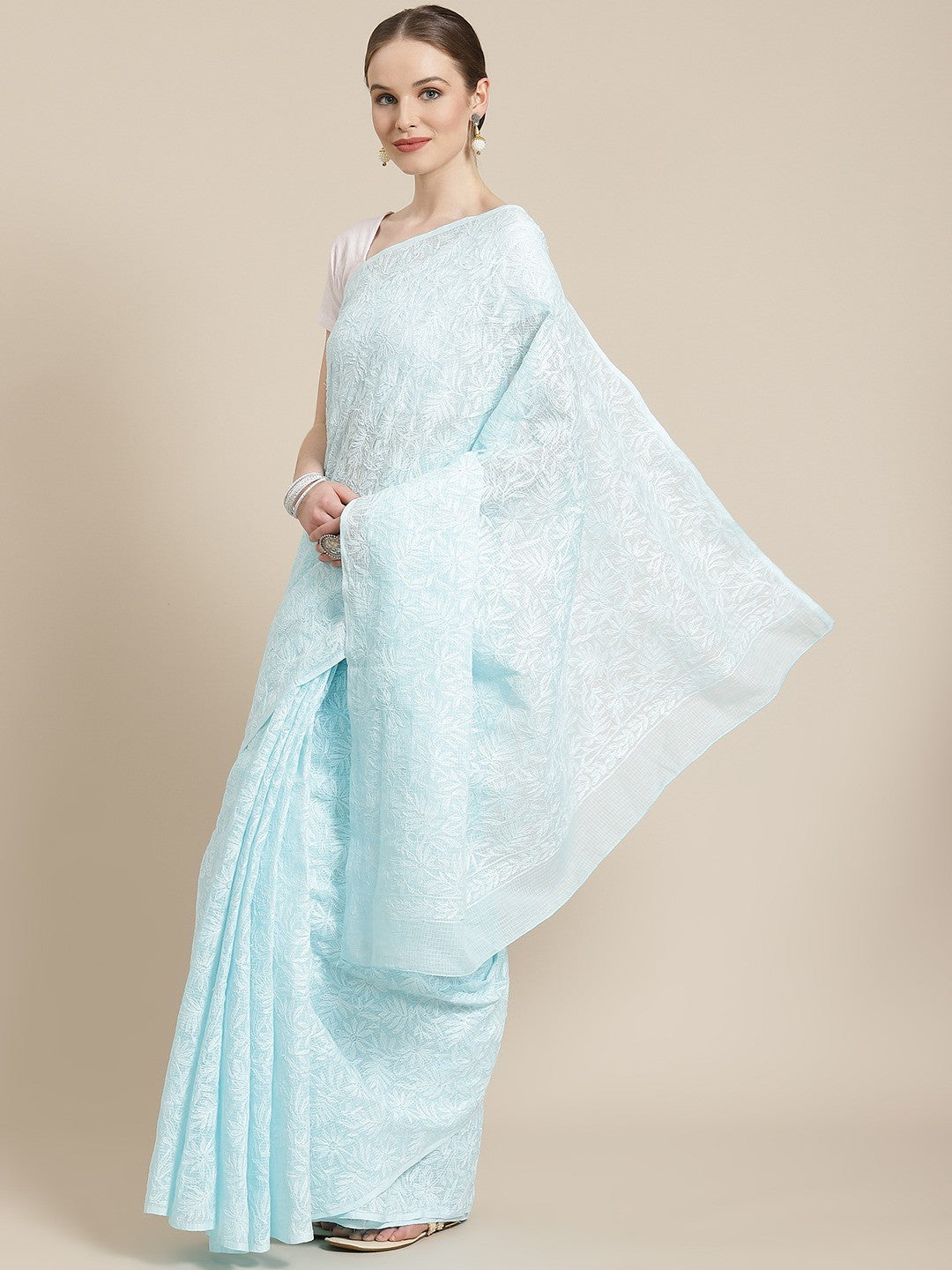 Ada Hand Embroidered Blue Kota Lucknow Chikan Saree With Blouse- A311232