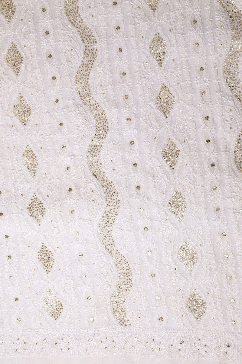 Ada Hand Embroidered White Pure Georgette Lucknowi Chikan Unstitched Men's Kurta Piece With Muqaish Work-A604624