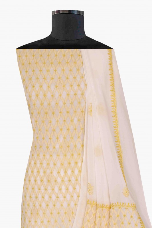 Ada Hand Embroidered Off White Pure Georgette Chikan Unstitched Kurta Dupatta Set-A457086