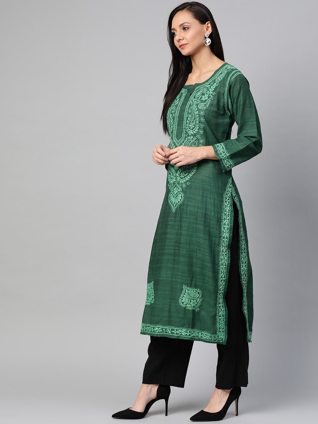 Ada Hand Embroidered Green Cotton Lucknow Chikan Kurta - A100437