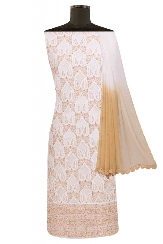Ada Hand Embroidered White Cotton Lucknowi Chikan Unstitched Suit Piece A609676