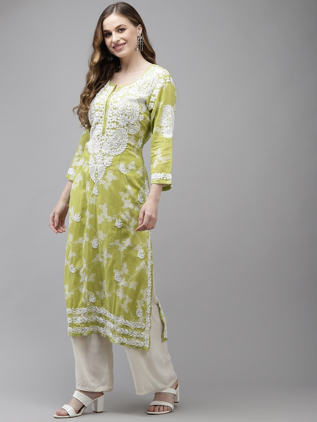 Ada Hand Embroidered Green Cotton Lucknowi Chikan Kurta A411267